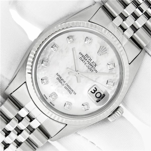 Rolex Mens Stainless Mother Of Pearl Diamond 36MM Datejust Wristwatch