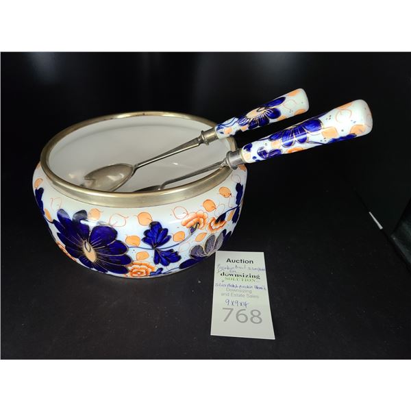 Antique Porcelain Salad Bowl & Servers Cat A
