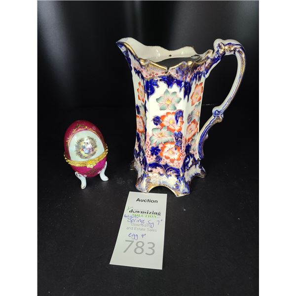 Antique Milk Jug and Porcelain Egg Cat A