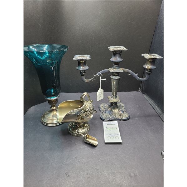 Gorham Sterling Silver Green Glass Vase & Silver Plate Cat B