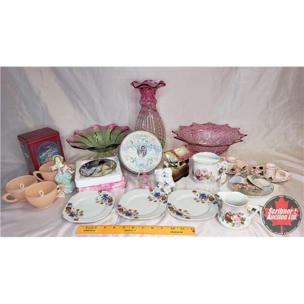 Ladies / Pink Theme Combo: Vase, Mustache Cup, Royal Wedding Tin, Cups, Candle Stick Holders, Creame