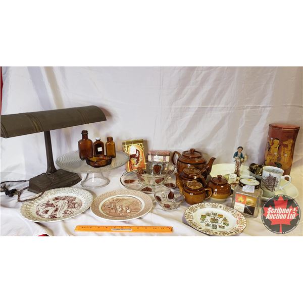 Collector Combo : Elec. Desk Lamp, Tea Pots, Amber Bottles, Platter, Ashtray, Jar, Snack Service Set