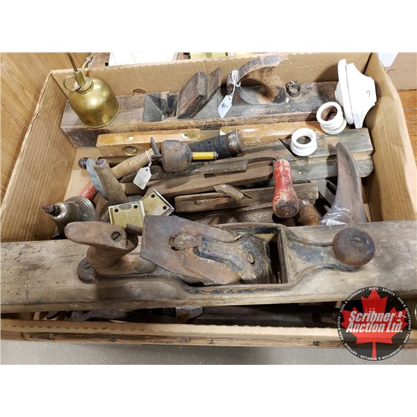 Incredible Collection of Vintage Tools (Wood Planes, Levels, Hammer, Wrenches, Oiler, Draw Knife, An