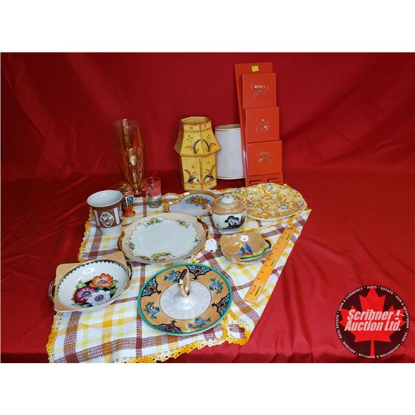 Orange/Amber Grouping : Noritake Serving Plates/Dishes, Amber Hurricane Vase, Lamp Shade, Letter Org