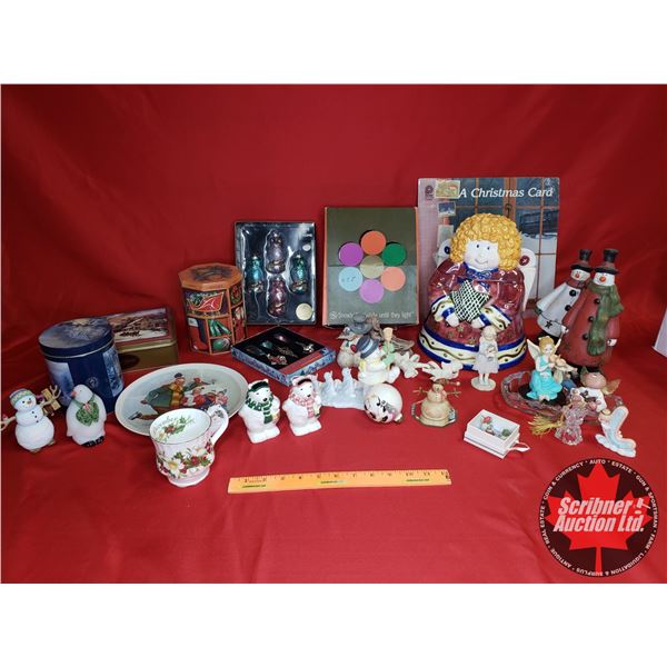 Christmas Grouping (Snowman Figurines, Tree Ornaments, Tins, Christmas Card Album, Angel Napkin Ring