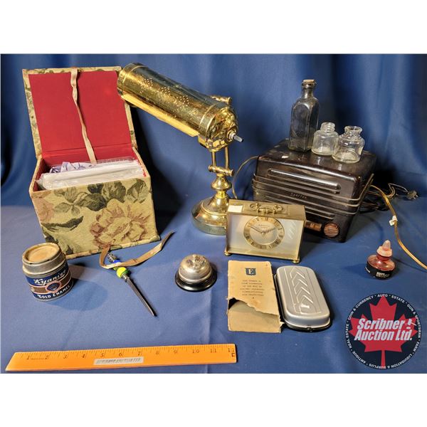 Vintage Office Grouping : Sparton Radio, Ink Wells, Brass Mantle Clock, Brass Desk Lamp, Counter Bel