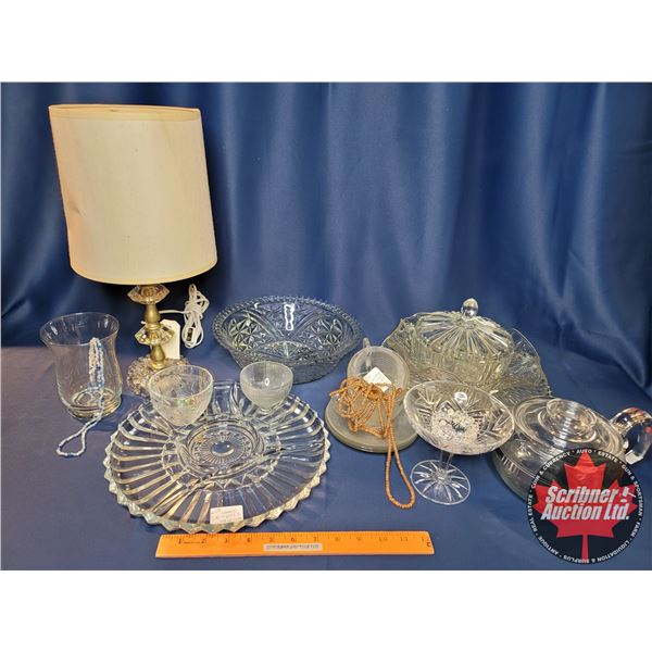 Vintage Clear Glassware Combo: Lamp, Bowls, Round Platter, Kettle, Covered Dish, etc! (SEE PICS!)