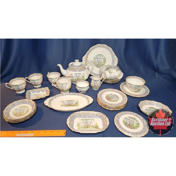 Royal Albert "SILVER BIRCH" China : 32 PIECES ! (Tea Pot, Platter, C&S, Cups, Bowls, Cake Plate, Tri