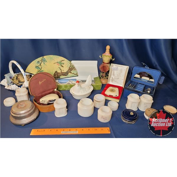 Ladies Theme Collector Combo: Milk Glass, Nesting Hen, Elec Razors, Powder Tin, Glass Basket, Hand F