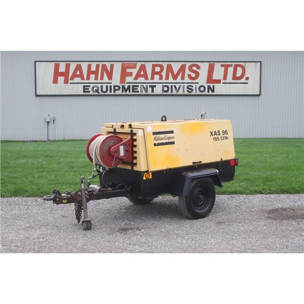 Atlas Copco 185 trailer mounter air compressor, showing 32 hours, JD engine, local municipal stand b