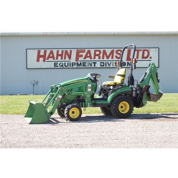 JD 1025R 4wd compact tractor, H120 loader, 260 backhoe, Hydro, R4 tires, 109 hours, 2016 Model, As N