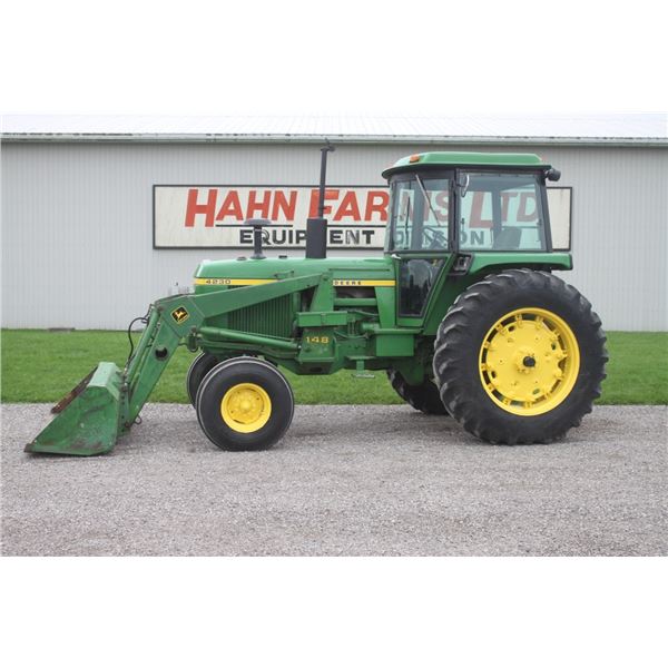 JD 4230 2wd tractor, cab, air, 2 remotes, quad, 18.4x38, JD 148 loader, 6070 hours, one owner