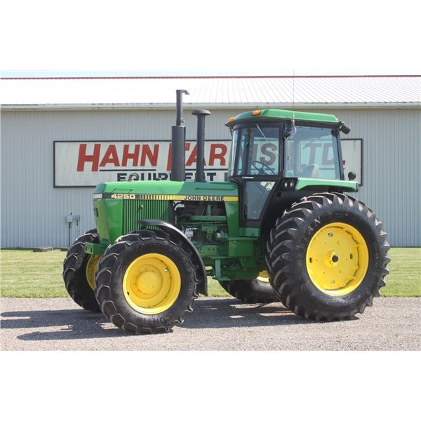 JD 4250 4wd tractor, cab, air, powershift, 2 remotes, 20.8R38, 5046 hours, new air conditioning, one