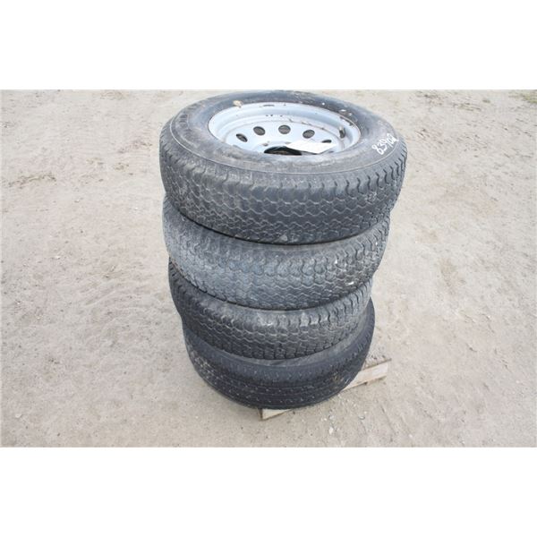 Set of 4- 225/75x15 landscape trailer tires and rims, 6 bolt