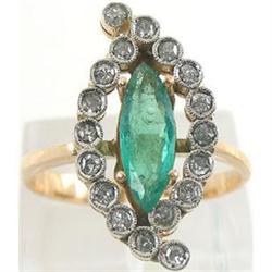 Retro 18K Gold Platinum Diamond Emerald Ring #2393546
