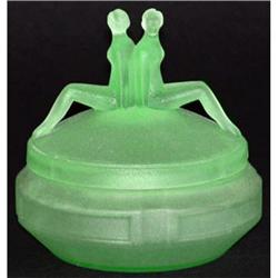 TWINS Green Satin Glass Art Deco Powder Jar #2393868