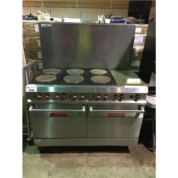 VULCAN STAINLESS STEEL 50 X 30  COMMERCIAL 6 BURNER DUAL OVEN ELECTRIC RANGE WITH GRIDDLE AND BACK