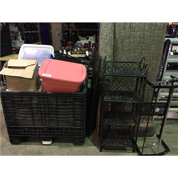 BIN OF PICTURES, MICROWAVE, COUCH SECTION, DOG CRATES, WICKER SHELVING UNIT, & BINS OF ASSORTED