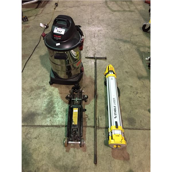 12GAL ELECTRIC SHOP VACUUM, BLACK MOBILE FLOOR JACK, KEY & STABILA TRIPOD