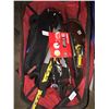 Image 2 : 2 BAGS OF ASSORTED SMALL TOOLS, BIN OF ASSORTED LARGE TOOLS, 2 VEHICLE JUMPER PACKS, LIGHT &