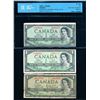 Image 1 : BANK OF CANADA $1.00 1954 A Lot of 3 Banknotes Devil's Face Mixed Signature VG-F-15