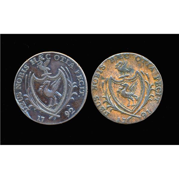 CONDOR TOKENS Lancaster 1791-92 A Lot of 2 Pieces Both Very Fine
