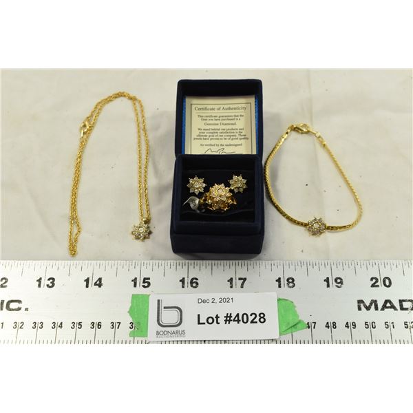 Set of Gold Coloured Necklace, Bracelet, Earings & Ring w/ Possible Diamond