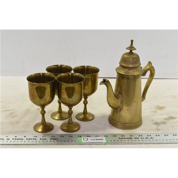 Solid Brass Teapot & (4) Goblets