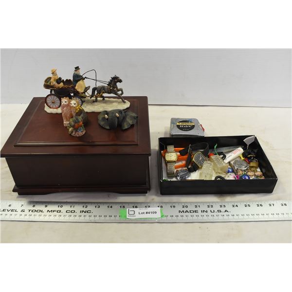 Wood Box w/ Assorted ornaments, watches & Misc.