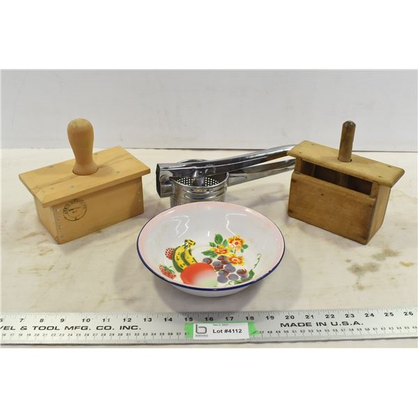 Enamel Bowl, Press & Wooden Items