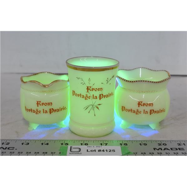 Glow in the Dark Ornaments From Portage La Prairie (looks like milk glass but glows under purple lig