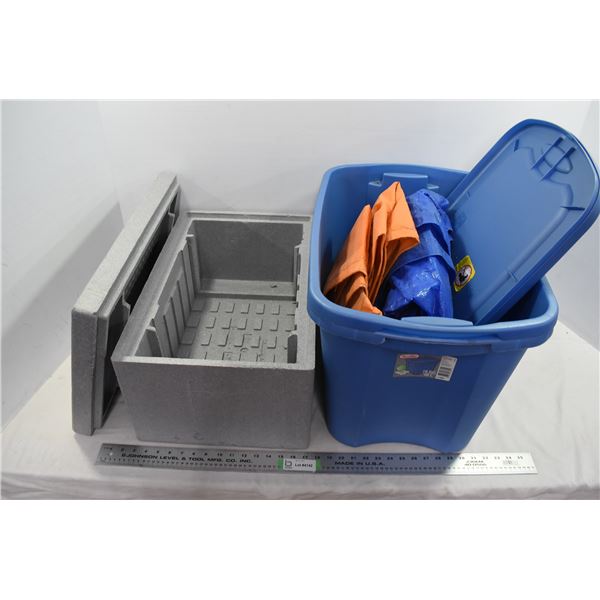 *(2) Totes, Styrofoam Cooler & Tarps