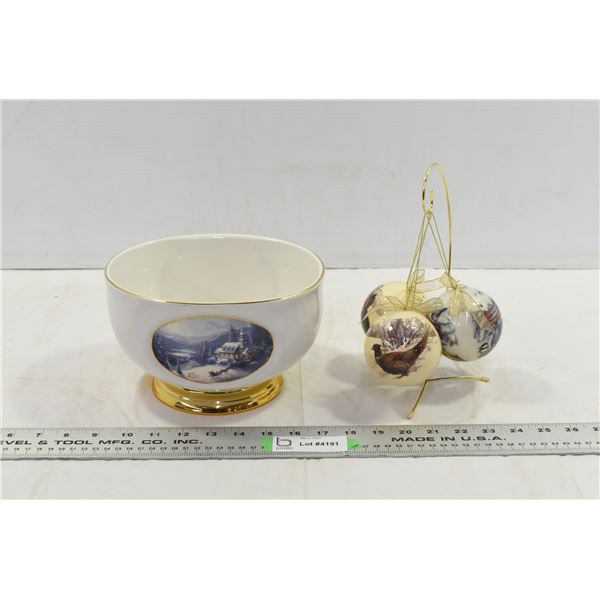 Ceramic Winter Themed Bowl & Hanging Christmas Ornaments