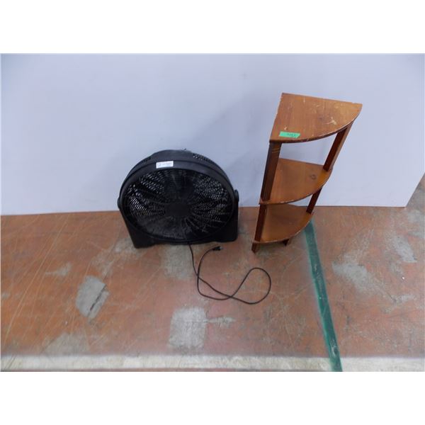 small corner shelf (loose) and shop fan (broken button)