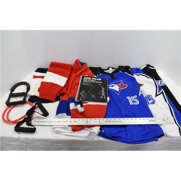 Box of Jerseys, Volleyball Drill Book & Exercise Equipment