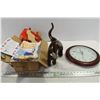 Image 1 : Clock, Wooden Elephants, Box of Doll Clothing Supplies
