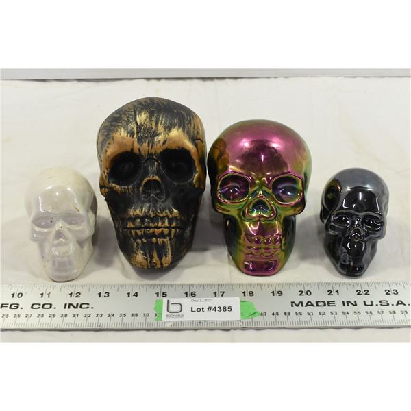 3 Ceramic Decorative Skulls & 1 Plastic