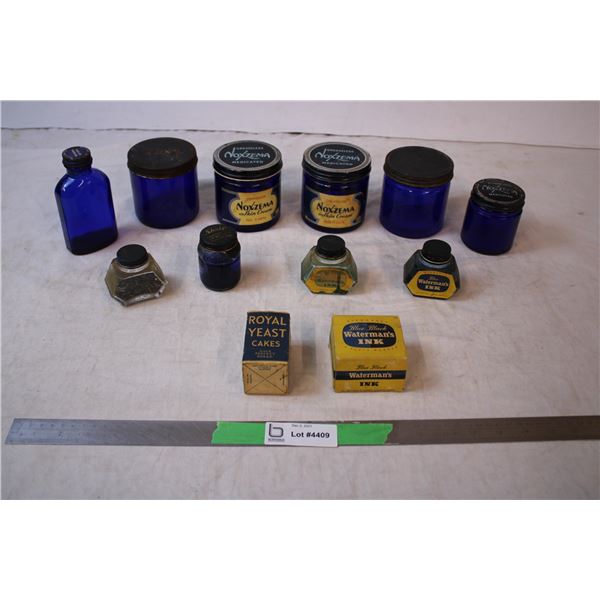 Blue Glass vintage jars, ink wells