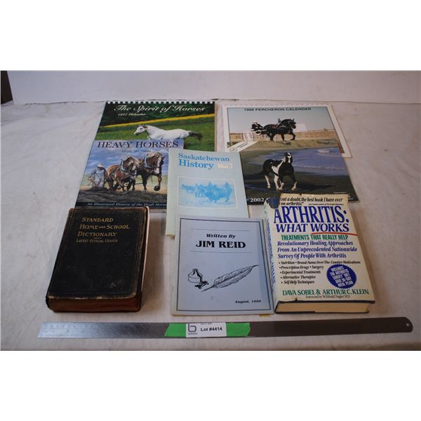 Horse Books,calendars, sask history, vintage home and school dictionary