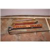 Image 1 : small rake, two canes, plastic level, broom handle