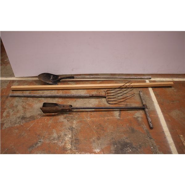 pitch fork, shovel, post hole digger, hand rail piece