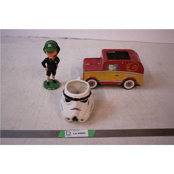 Calgary Flames truck, Star Wars Mug, Huskies bobble head coach