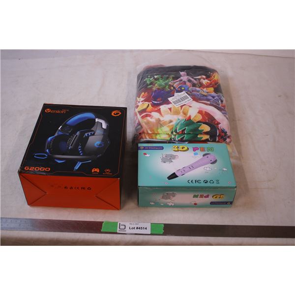 Pokemon Blanket, Gamer head set,3d pen (warehouse returns/overstock)