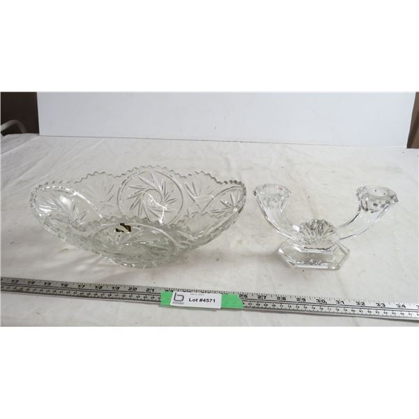 Crystal glass dishes, etched + crystal candle holders