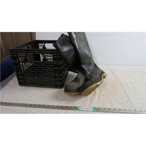 Bata standard steel toed rubber boots (size 12) + plastic crate
