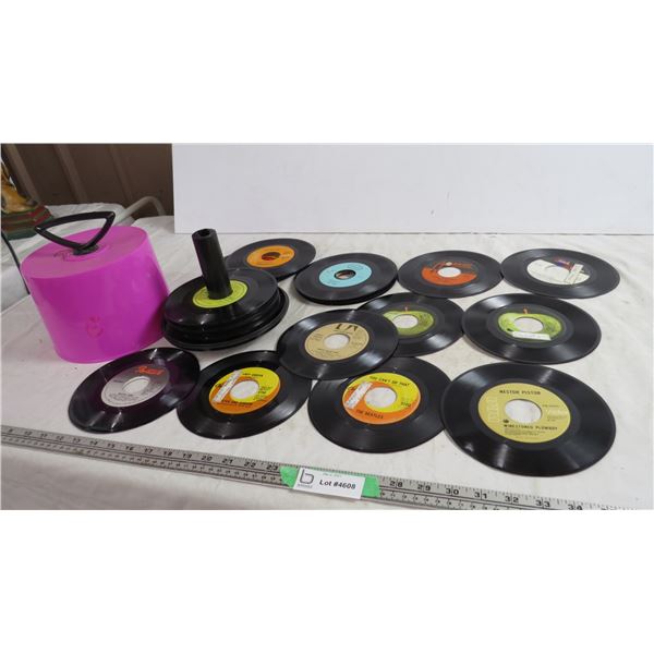 45rpm records - beatles, rock, country, with holder