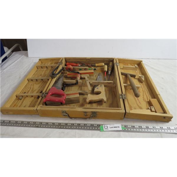 wooden tool box with small hand tools