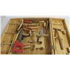 Image 2 : wooden tool box with small hand tools