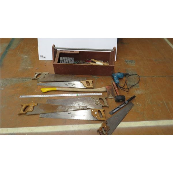 wood tool box with hand saws, axe clamps, etc