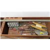 Image 2 : wood tool box with hand saws, axe clamps, etc